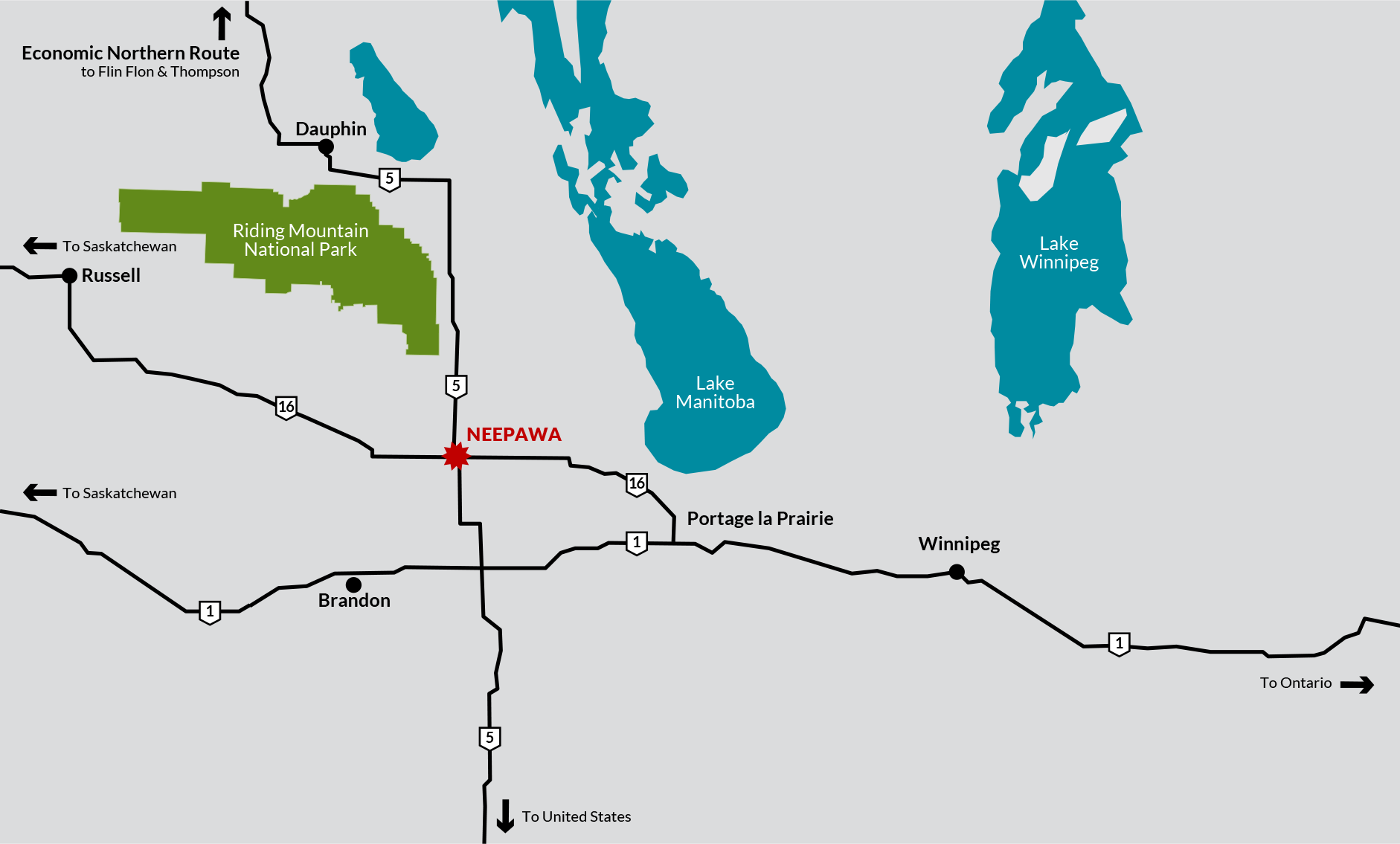 Map showing location of Neepawa in relation to other communities in Manitoba and the provincial highway network
